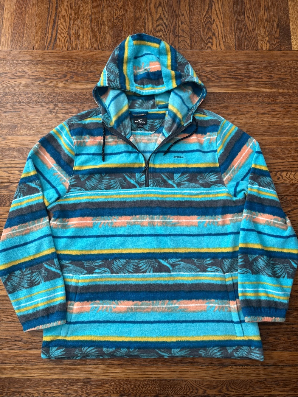 O'Neill Men's Teal Striped Half-Zip Hooded fleece Sweater